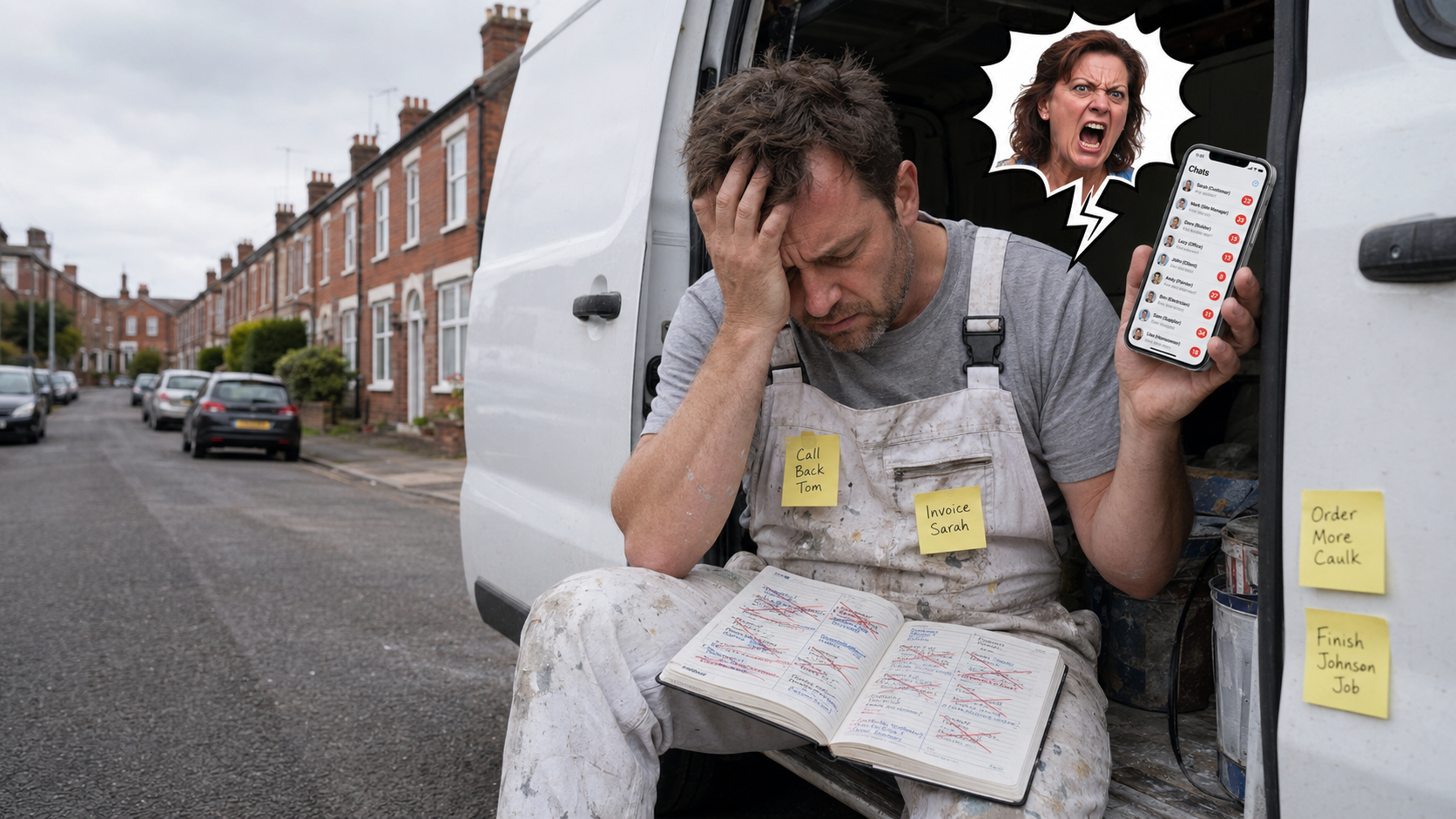 Tradesman being shouted at by an irate customer while juggling WhatsApp, diary and admin